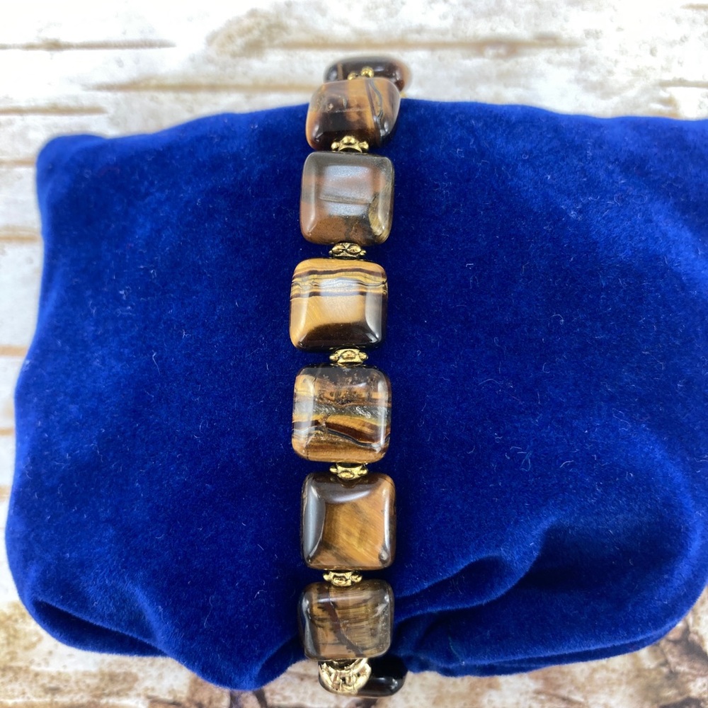 Hamsa Tiger's Eye Stretch Bracelet, Handmade, Antique Gold - Picture 7 of 9